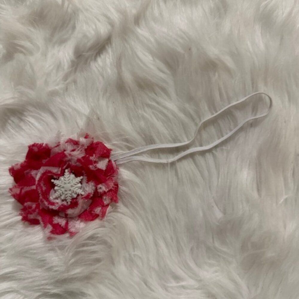 Pink & White Stripe 2" Shabby Flower finished with snowflake on skinny FOE 7534